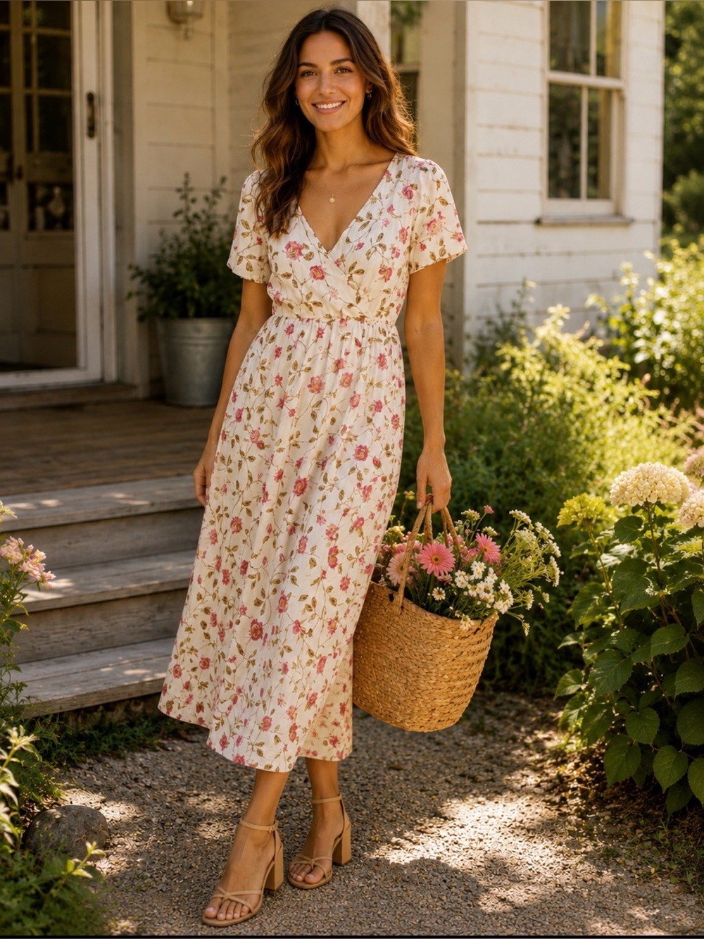 Floral V Neck Sundress Pink and Red